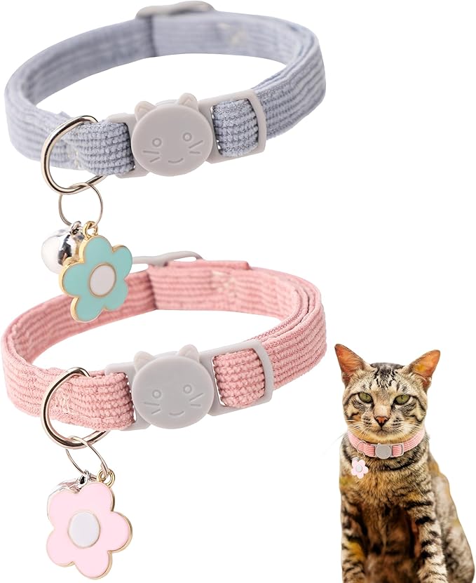 2 Pack Cat Collar with Bells, Corduroy Adjustable Kitten Collars with Breakaway Safety Buckle for Boy Girl Cats-Blue Pink