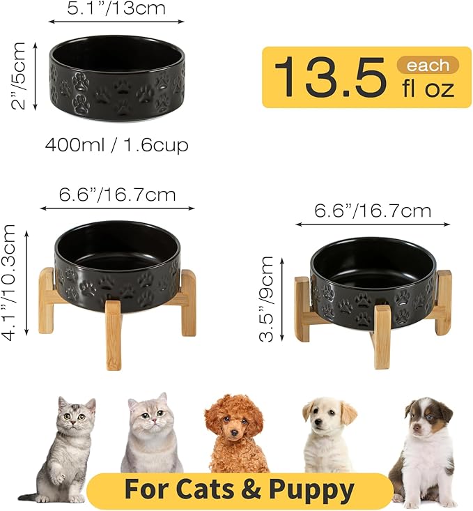 2 Pack Elevated Ceramic Dog Bowls, 5.1 inch Raised Dog Bowl Stand, 2-Height Adjustable for Toy Breed Dogs, Cats, Puppy, Protects Cervical Spine (Double Bowls + Double Stands - Black, 5.1 inch)