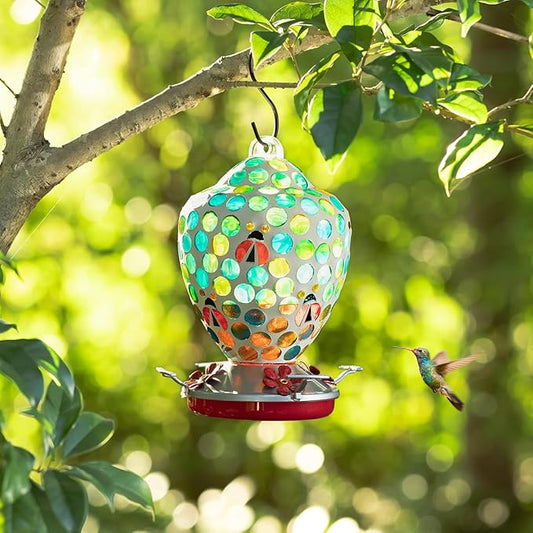 Glitzhome Wild Bird Feeder, 8.25" H Glass Hanging Blue/Green Dots & Ladybugs Mosaic Birdfeeder for Garden, Yard, Backyard, Deck and Porch Decorations