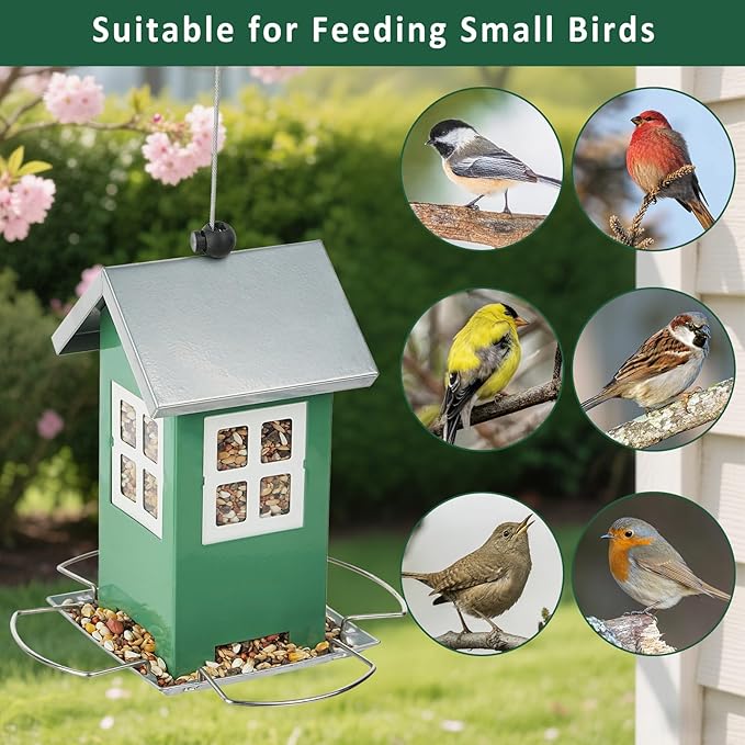 Small Metal Bird Feeders for Outdoors, Cute House Shape Bird Feeder with Window Design, Garden Terrace Hanging Birdfeeder for Finch Sparrow Warblers Little Birds - Premium Green