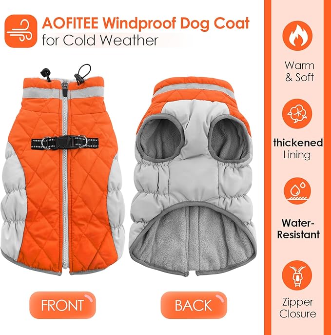 AOFITEE Dog Coat, Warm Dog Jacket, Reflective Winter Coats for Medium Dogs, Turtleneck Dogs Winter Jacket with Harness Built in, Waterproof Windproof Pet Fleece Vest Puffer Jacket, Orange M