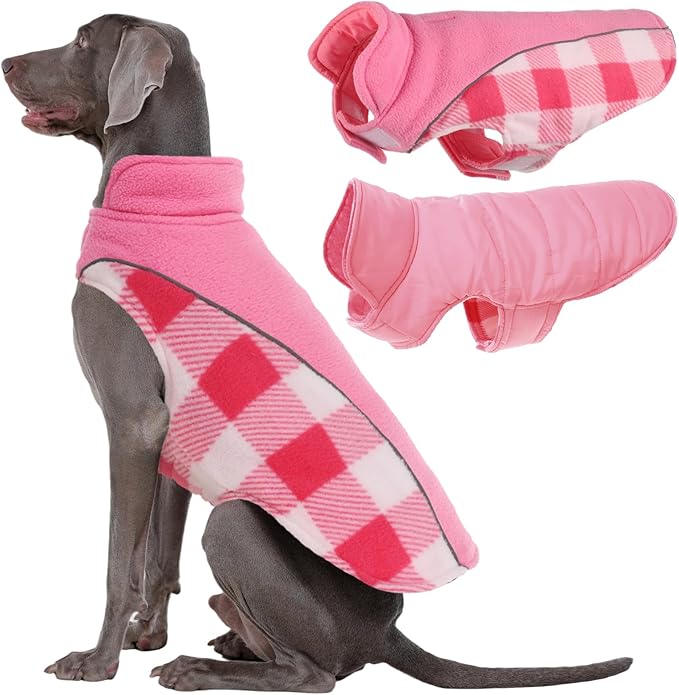 Kuoser Dog Winter Coat, Reversible Waterproof Dog Jacket with Leash Hole, Warm Dogs Fleece Vest Adjustable Doggy Cold Weather Clothes Plaid Christmas Outfit Pet Apparel for Extra Large Dogs, Pink 3XL