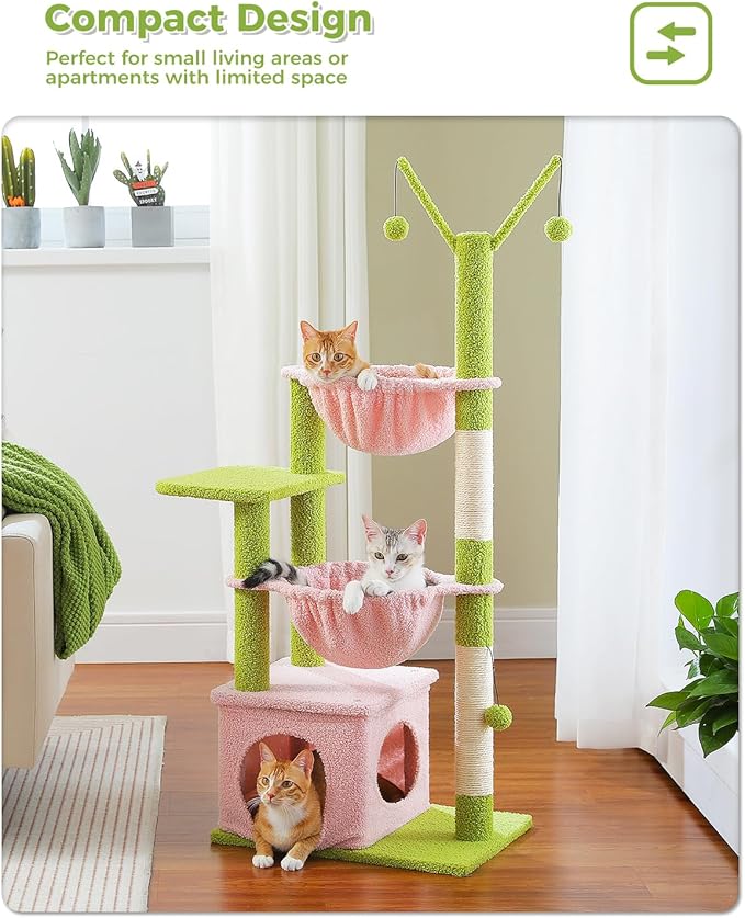 Pink Cat Tree, 47.6" Cat Tower with 2 Metal Frame Hammock, Cat Scratching Post for Indoor Cats with 2 Removable Pompom Sticks for Kittens, Pink