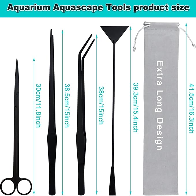Aquarium Aquascape Tools Kit, Long 15 Inch Stainless Steel Aquatic Plants Tools, 4 in 1 Anti-Rust Black Aquascaping Tweezers Scissors Spatula Scrapers Tool Set for Fish Tank Cleaning Plant Trimming
