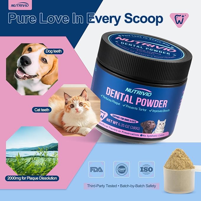 Dental Powder for Dogs & Cats - Teeth Cleaning for Dog Breath Freshener, Plaque and Tartar Remover, 5 Strains of Probiotics and Natural Ingredients, Dental Care for Dogs - 6.35oz(180g)
