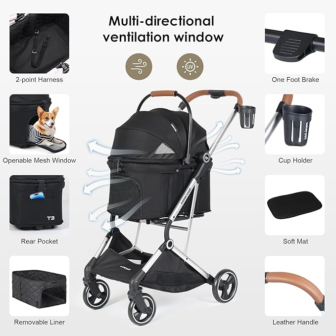 T3 Pro 3-in-1 Small Pet Stroller for Dog & Cats, 4 Wheels with Detachable Carrier with Pad, Canopy and Cup Holder (Black)