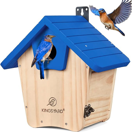 Kingsyard Blue Bird House for Outside - Cedar Wood Nesting Box with Clear View Panel & Predator Guard for Bluebird Wren Cardinal Swallow Finch, Royal Blue