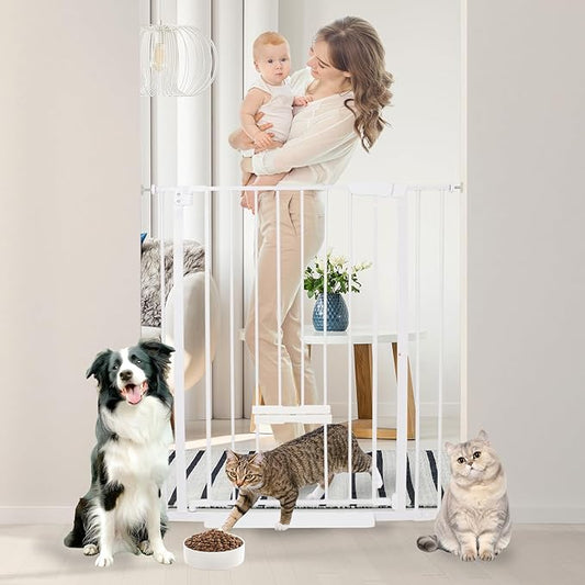 30 Inch Tall Baby Gate with Small Cat Door, Adjustable Auto Close Dog Gate Easy Walk Thru Pet Door for Stairs, Doorway, House (White, 29.52"-35.43")