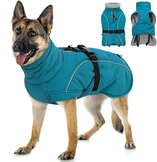Queenmore XL Dog Coat, Winter Dog Jacket for Large Dogs, Waterproof Puffy Dog Snowsuit, Adjustable Reflective Fleece Lining Warm Padding Parka for Cold Weather, Blue XL