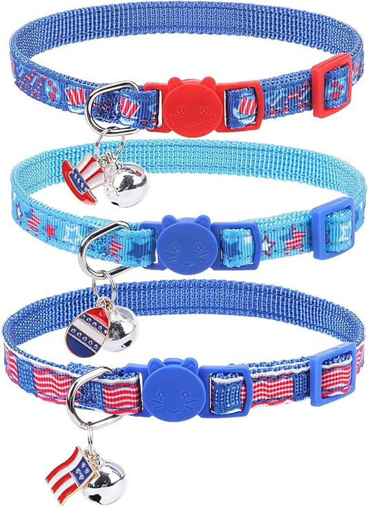 PUPTECK 3 Pack 4th of July Cat Collar with Bells Breakaway - Safety Small Kitten Collar Adjustable American Flag for Independence Day Blue, 8-12 in