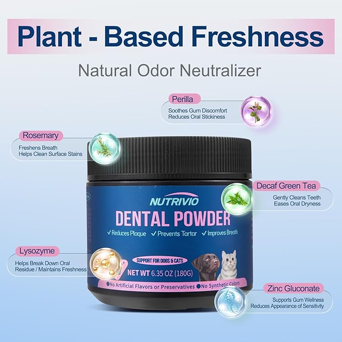 Dental Powder for Dogs & Cats - Teeth Cleaning for Dog Breath Freshener, Plaque and Tartar Remover, 5 Strains of Probiotics and Natural Ingredients, Dental Care for Dogs - 6.35oz(180g)