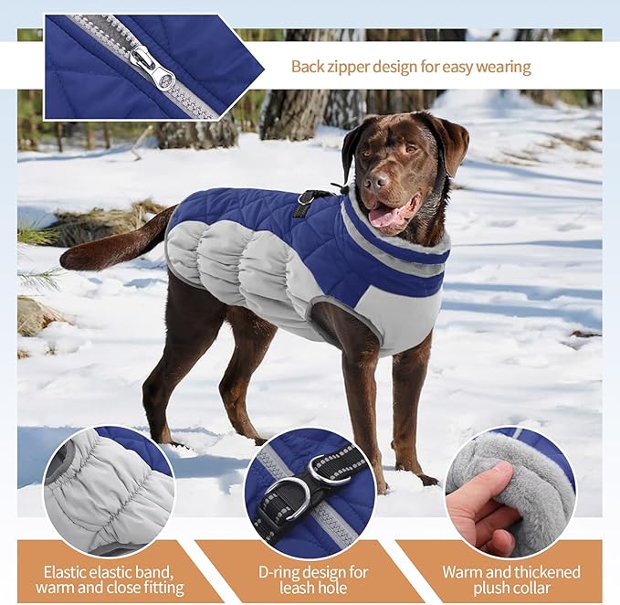 Winter Dog Coat,Large Dog Jacket,Waterproof Pet Jacket with Back Zipper,Pet Coat with Harness Built in,Warm Dogs Coat with Fleece Lined, Snow Jacket Clothes French Bulldog Shiba Inu,Blue,L