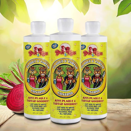 Pet Kiss Plaque and Tartar Water Additive for Pets – Eliminate Bad Dog & Cat Breath –Vet-Recommended Oral Care Solution – Fights Plaque & Tartar – Easy to Use, Just Add to Water, 16 Oz (Pack of 3)