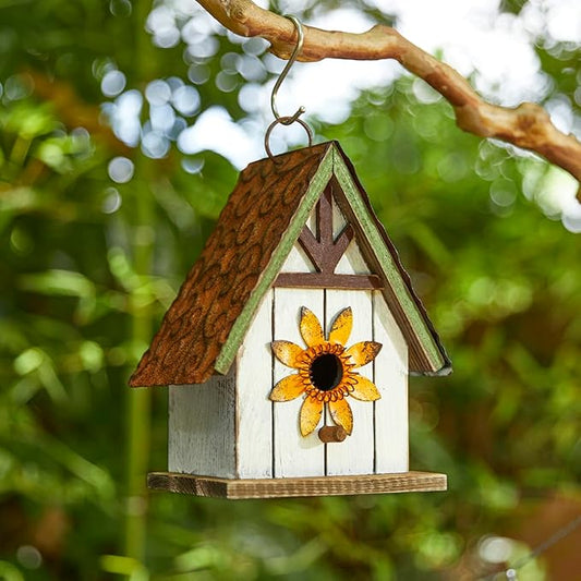 Glitzhome 8.25" H Solid Wood Decorative Hanging Bird House Distressed Cottage Outdoor Garden Birdhouse with 3D Metal Roof and Flower
