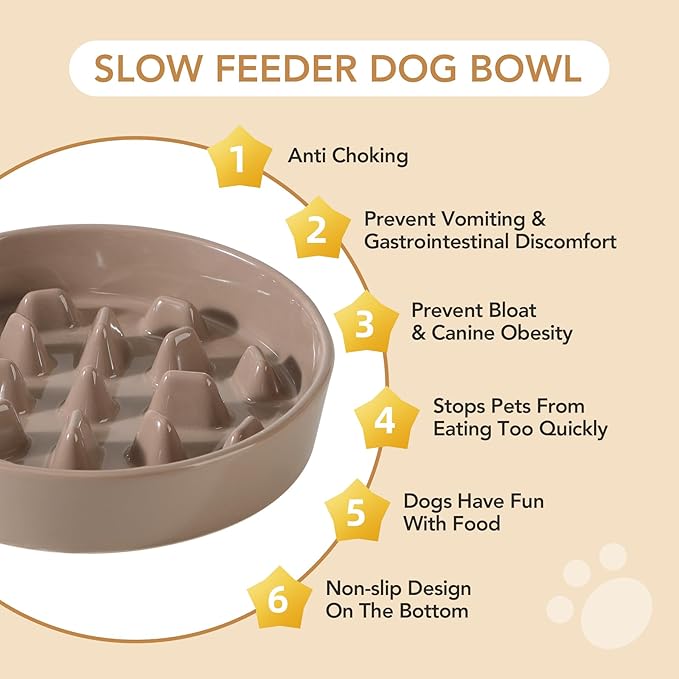9.5inch Ceramic Dog Raised Slow Feeder Set, Elevated Bowl with Wooden Stand for Large Dog, Slow Feeder Dish for Fast Easters, Anti-Gulping(Brown Coffee, Single Bowl+ Stand)