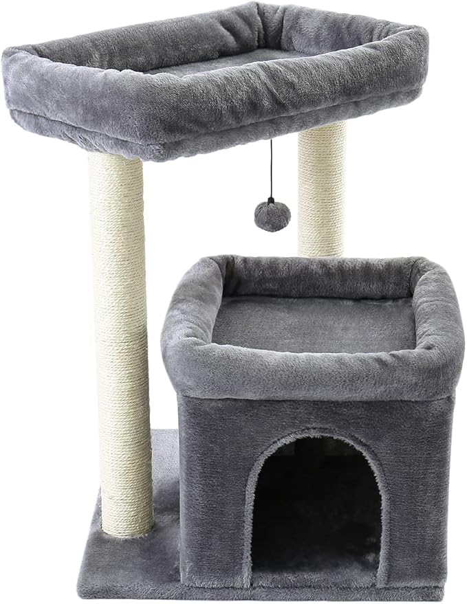27" Cat Tree for Medium Cats, Cat Tower with Large Top Perch, Full Wrapped Natural Sisal Scratching Posts for Indoor Cats with Spacious Condo & Toy Ball, Grey