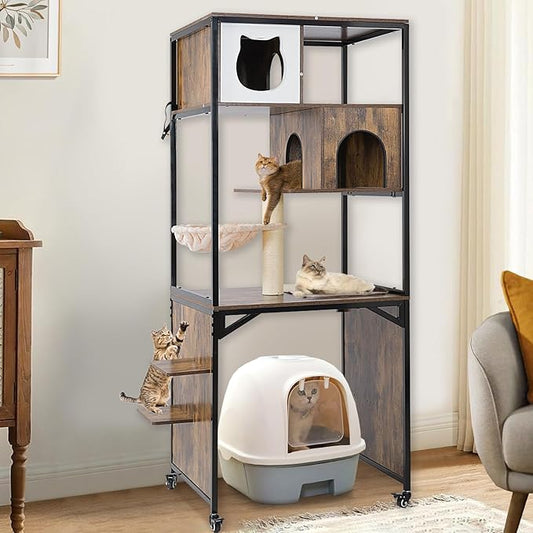 Cat Litter Box Enclosure, Wooden Cat Tree with Hidden Litter Box Enclosure, Indoor Cat House with Condo, Hammock Scratching Mat and Storage Shelves (Dark Brown with Wheel, Medium)
