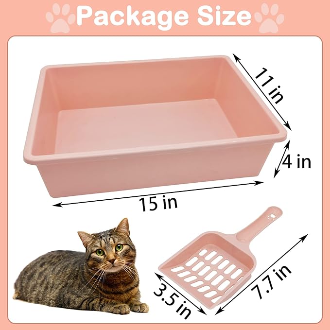 Kathson 3PCS Medium Open Cat Litter Box with Scoop, Durable Non-Stick Plastic Litter Pan for Cats, Puppies, Bunnies, and Small Animals, 15 x 11 x 4 Inches