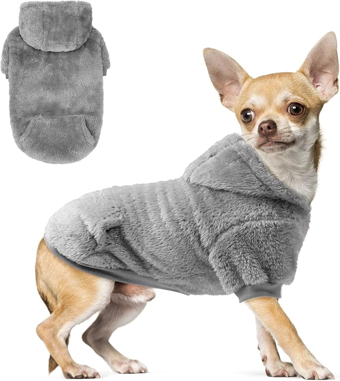 SCENEREAL Fuzzy XS Dog Sweater/Hoodie for Chihuahua Puppy Doggie, Fleece Warm Dog Sweatshirt with Pocket, Small Dog Clothes for Girl Boy in Winter/Fall, Cute Male/Female Dog Clothes with Leash Hole
