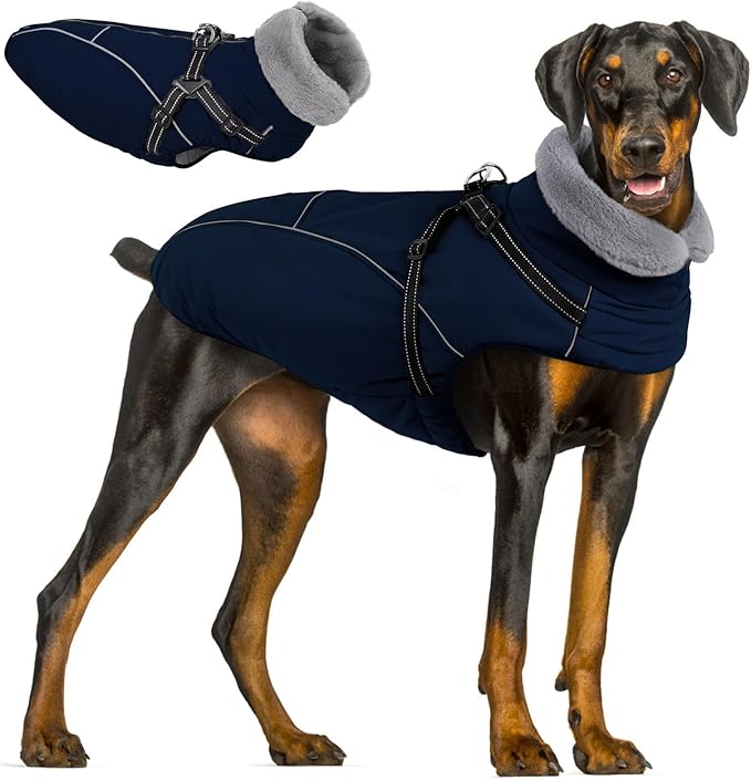 Queenmore Large Dog Jackets, Dog Coats for Extra Large Dogs with Harness Built in, Reflective Waterproof Dogs Jackets with Fleece Lining,Warm Snowsuit Pet Sweater for German Shepherd,Navy Blue,XXXL