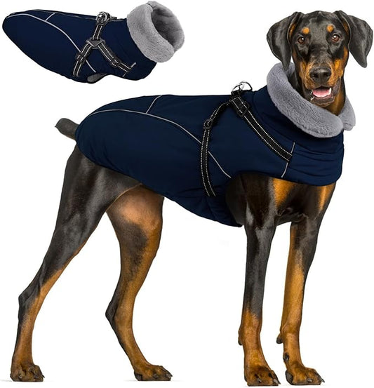 Queenmore Large Dog Coat, Dog Jacket for Extra Large Dogs with Harness Built in, Reflective Waterproof Dogs Jackets with Fleece Lining,Warm Snowsuit Pet Sweater for Doberman,Labrador,Navy Blue,XXL
