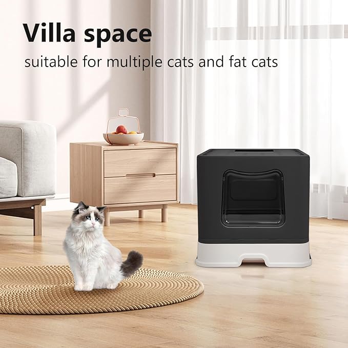 XL Foldable Cat Litter Box with Lid - Jumbo Enclosed Potty - Top Entry Anti-Splashing Toilet - Includes Scoop & 2-in-1 Cleaning Brush (Black)