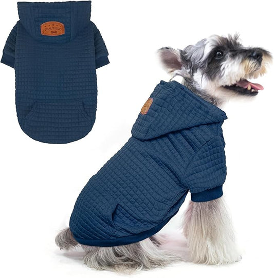 BEAUTYZOO Small Dog Hoodie Sweater with Pockets, Dog Clothes for Small Medium Dogs Boy Girl, Waffle-Like Laminated Cotton Pet Coats with Hat and Leash Hole, Navy Blue S