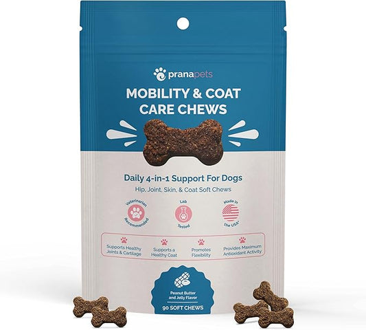 PranaPets Mobility & Coat Care Chews for Dogs & Puppies | Joint Supplement | Skin & Coat Health | Peanut Butter & Jelly Flavor | 90 Soft Chews