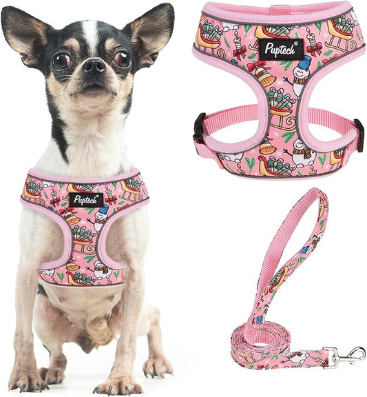 PUPTECK Soft Mesh Dog Harness and Leash Set Pet Puppy Cat Comfort Padded Vest No Pull Harnesses, Christmas Bright Pink, S