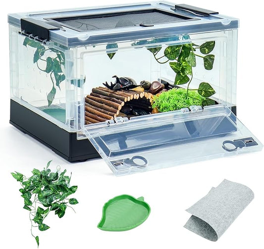 Foldable 16" Reptile Terrariums, Snake Tanks, and Enclosures for Bearded Dragons, Iguanas, Lizards, Crested Geckos -Clear Views, Portability, High-Temperature Resistant Iron Mesh Ventilation