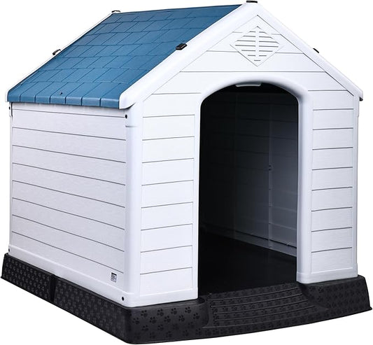 Plastic Dog House, Insulated Doghouse Puppy Shelter, Water Resistant Easy Assembly Sturdy Dog Kennel with Elevated Floor and Air Vents, Ventilate for Small to Large Sized Dogs (35-Inch)