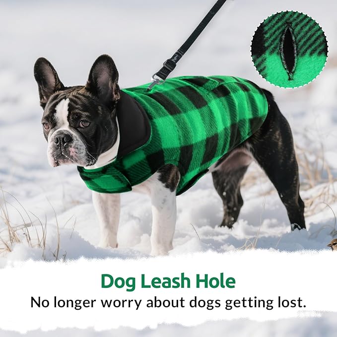 ASENKU Dog Winter Coat, Fleece Doggie Jacket Plaid Reversible Vest Waterproof Windproof Cold Weather Clothes for Small Medium Large Dogs (S, Green)