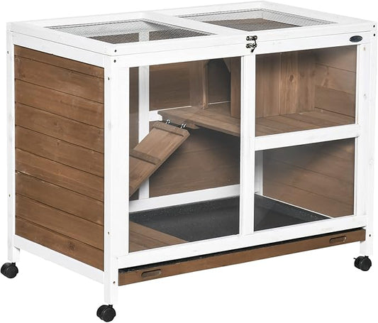 PawHut Rabbit Hutch with Wheels, Desk and Side Table Sized, Wooden Rabbit Cage, Waterproof Small Bunny Cage with Removable Tray, Openable Roof, for Rabbits, Chickens, Ducks, Indoor/Outdoor, Brown