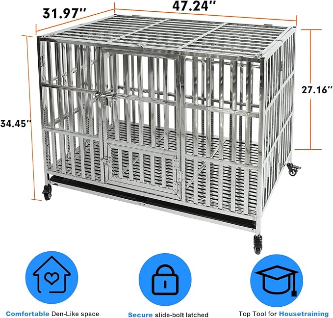47" Stainless Steel Dog Crate Pet Kennel Foldable Dog Kennels Dog Cage Pet Playpen with Lockable Wheel, Tray for Medium and Large Dogs
