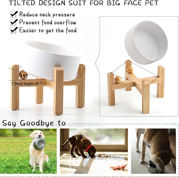 Petygooing White Elevated/Raised 15° Slanted Ceramic Dog Bowl for Large and Medium Breeds, Pet Anti Slip Feeding Bowl,Food Water Dish with Stand for Large and Medium Dogs (60 OZ / 7.6 Cup)