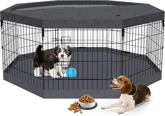 Foldable Metal Wire Dog Pen Pet Playpen Dog Fence Indoor Exercise Pen Enclosure Indoor Outdoor with Bottom Pad and Top Cover (Black 24 top Bottom Cover)