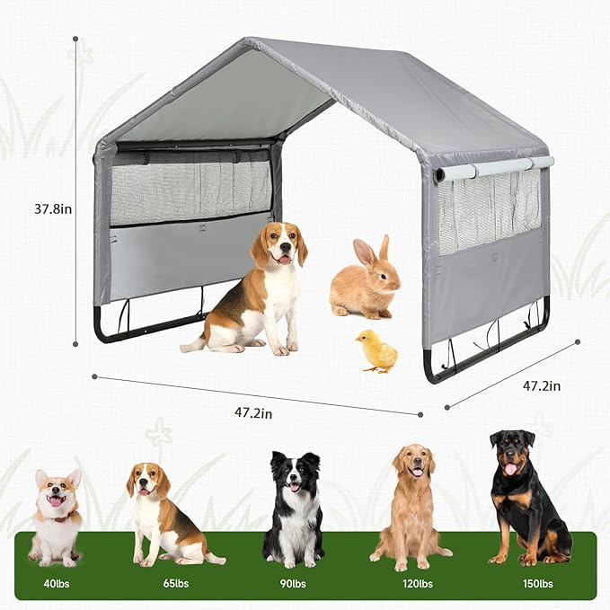4'x 4'x 3.3' Extra Large Dog House Outside, Pet Tent Outdoor Dog Shade Shelter for Large Medium Dogs, Outside Sun Rain Canopy Pet House for Cats Pigs Livestock w/Artificial Leaves