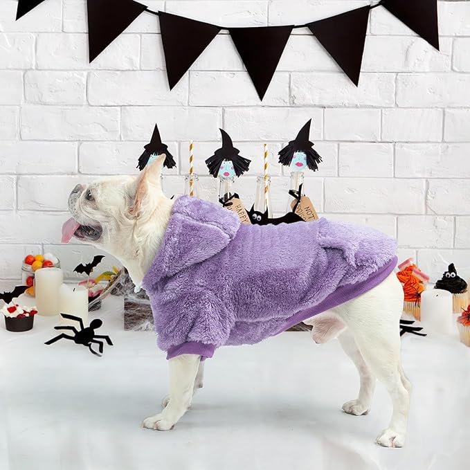SCENEREAL Fuzzy Small Dog Sweater/Hoodie, Fleece Warm Sweatshirt Medium with Pocket, Girl Boy Dog Clothes for Winter/Fall, Frenchie Bulldog Cute Male/Female Outfit with Leash Hole
