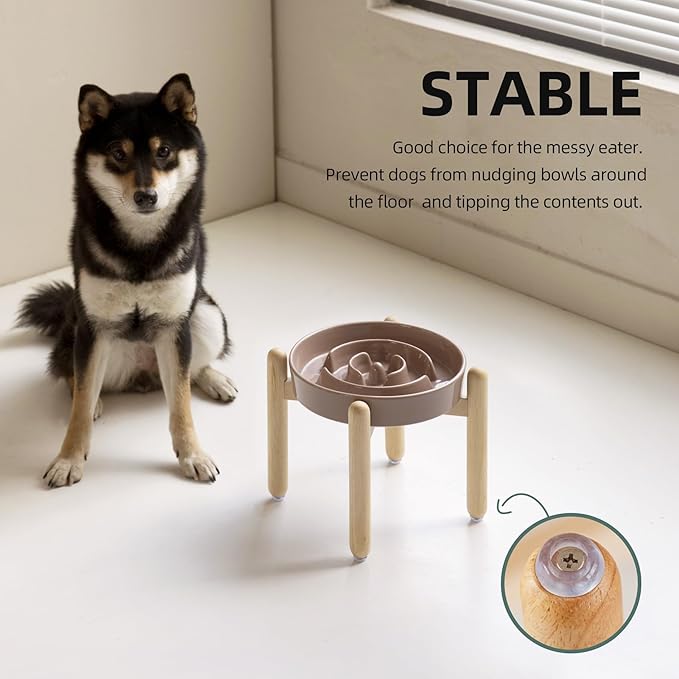 8.2inch Ceramic Raised Slow Feeder Dog Bowl Set, Elevated Wooden Stand for Large and Medium Dog, Puzzle Slow Dish, Preventing Choking(Brown Coffee, Single Bowl+ Stand)