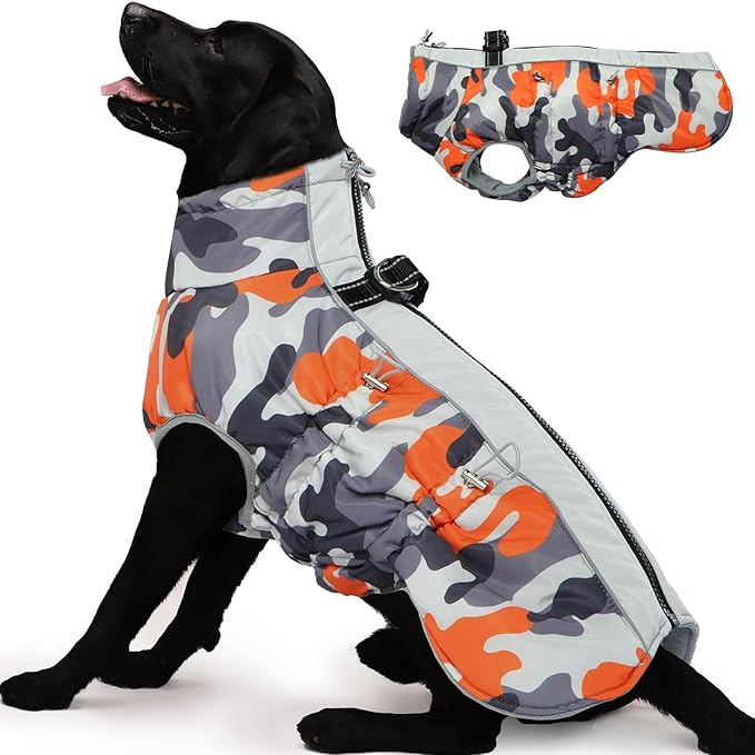 Dog Coat Dog Winter Jacke XX Large Warm Dog Coat Zip Up Snowsuit Dog Harness Vest Reflective Water-Resistant Dog Coat Dog Snow Jacket for Large Dogs Border Collie, Pit Bull, Orange-Camouflage