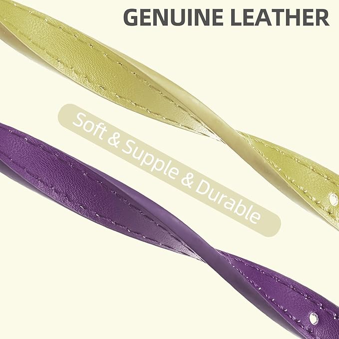 PUPTECK 2 PCS Soft Genuine Leather Cat Kitten Collar with Bells Adjustable for Girl Boy Cats Puppy - Yellow Green, Deep Purple