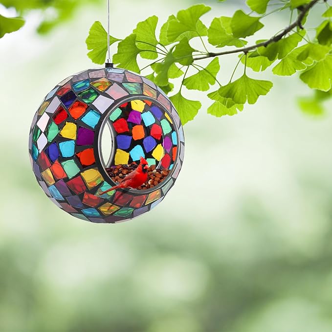 Yinns Mosaic Bird Feeder, Hanging Glass Birds Feeder, Fly Through Bird Feeder with Oval Stained Glass, Outdoor Garden Decor, 6.5 inch Purple