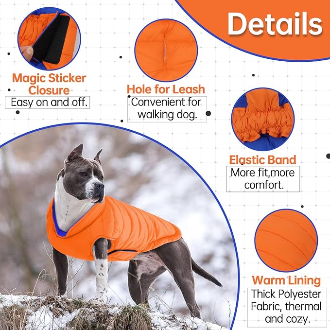 Lelepet Reversible Dog Jacket Warm Dog Winter Coat Padded Puffer Vest Windproof Lightweight Cold Weather Coat Doggy Sonwsuit with Hook & Loop, Non-Shedding, Coats for Medium Dogs, Pug, Orange, M