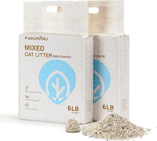 FUKUMARU Mixed Tofu Cat Litter, Strong Clumping Cat Litters, Effective Oder Control, Dust Free and Ultra Absorbent Flushable Bentonite White Tea Cat Litter, Direct to Toliet, 24 LB(4 Packs)