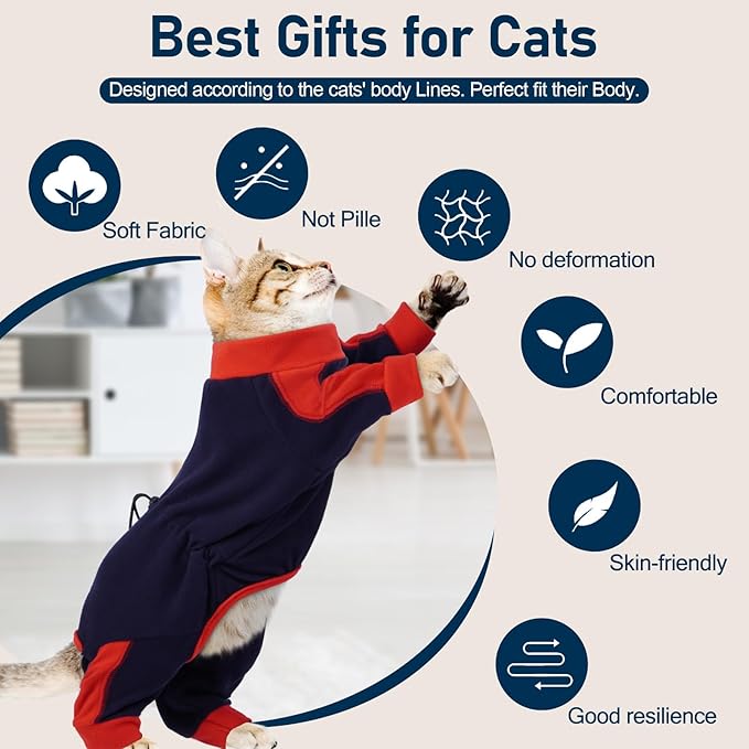 Cat Pajamas for Cats Only, Sticky Hair Cat Clothes, Long Sleeve Sphynx Clothes, Anti-Licking or Skin Disease Recovery Suit for Female Cats, Kitten Onesie Pajamas, DarkBlue, M