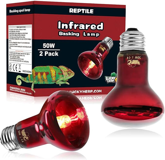 LUCKY HERP Infrared Heat Lamp 50W 2 Pack，Reptile & Amphibian Basking Spot Light Bulbs, Red Heat Lamp Bulbs for Reptiles, Bearded Dragon, Turtle, Lizard, Snake, Chicken
