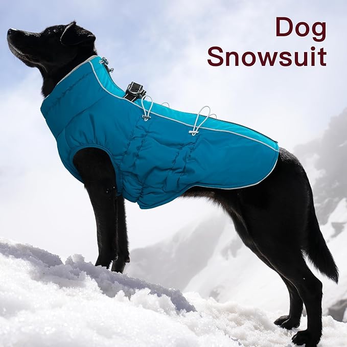 Dog Winter Jacket - Large, Warm Zip Up Snowsuit Dog Harness Vest, Reflective, Water-Resistant, Green