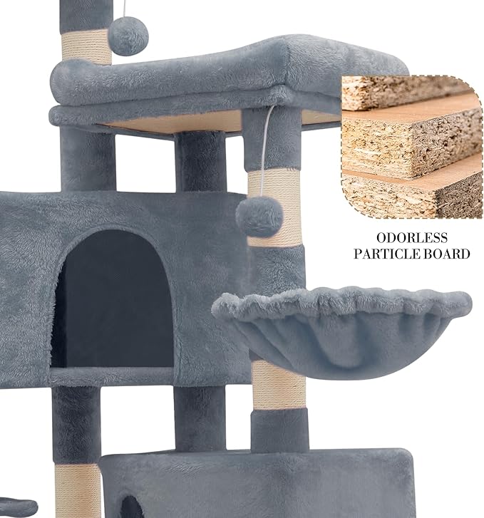 Athena Collection Cat Tree Tower, Modern 58 Inch Tall Cat Tree Claimbing Tower with Scratching Post 2 Condo 3 Hammocks Multi-Level Activity Platform and Playing Ball for Indoor Large Adult, Grey