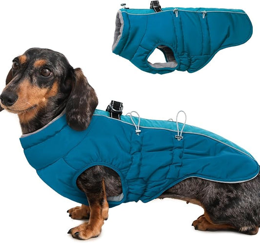 Dog Winter Jacket - Large, Warm Zip Up Snowsuit Dog Harness Vest, Reflective, Water-Resistant, Green