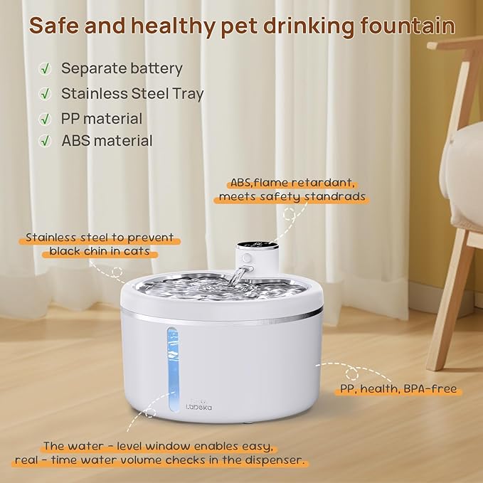 Wireless Cat Water Fountain with Stainless Steel Tray, Battery Operated Cat Fountain - 102oz/3L Automatic Pet Water Dispenser, Easy Clean with Motion Sensor for Cats, Dogs-8Filters